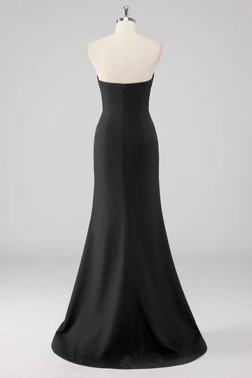 Strapless Bow Satin Mermaid Black Tie Dress with Slit